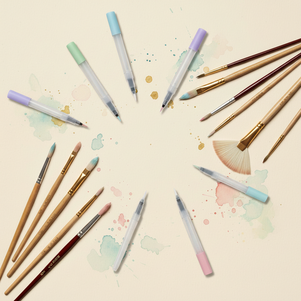 Brushes and brush pens flat-lay