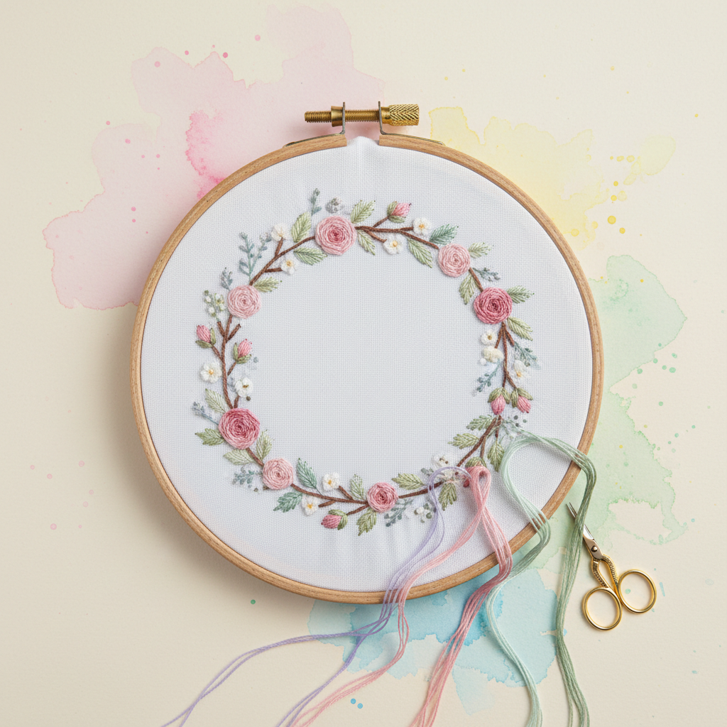 Close up of embroidery hoop with floral wreath design