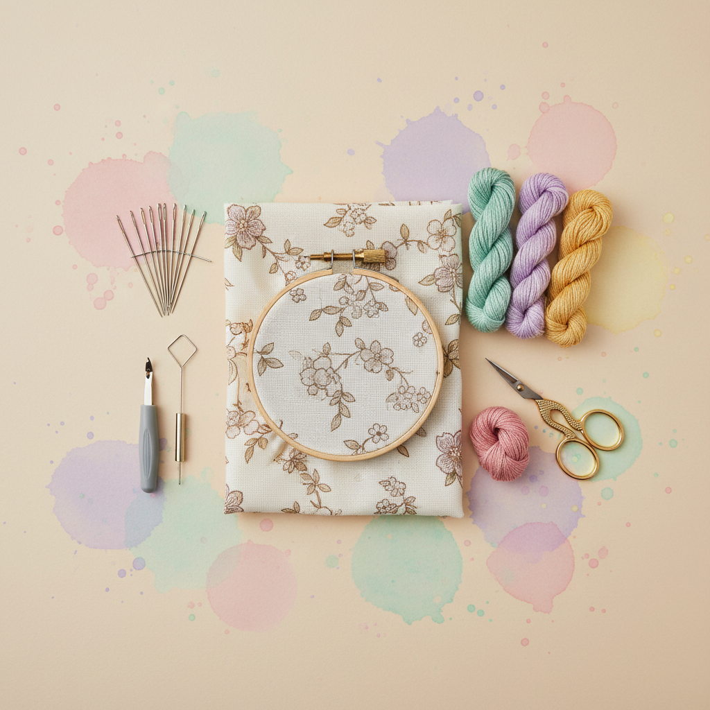 Embroidery kit contents including needles, threads and fabric pattern